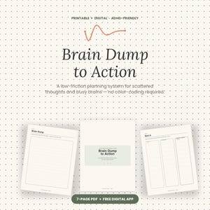 May include: A printable and digital planning system titled Brain Dump to Action, featuring a dot grid background. The set includes a Brain Dump page with lined sections and a Sort It page with three columns, plus a cover page and a digital app.