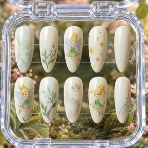 Fairy Press-On Nails – Hand-Painted Green Pixie, Pink Flowers & Gold Stars