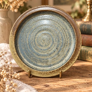 May include: A round ceramic plate featuring a speckled blue and gray center with a visible spiral texture. The plate has a wide, textured rim in a mottled brown and tan finish, supported by a small metal stand on a wooden surface.
