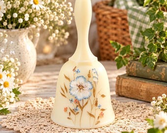 Vintage Fenton Custard Glass Bell Hand Painted, Blue Floral, Signed Artist Collectible Bell