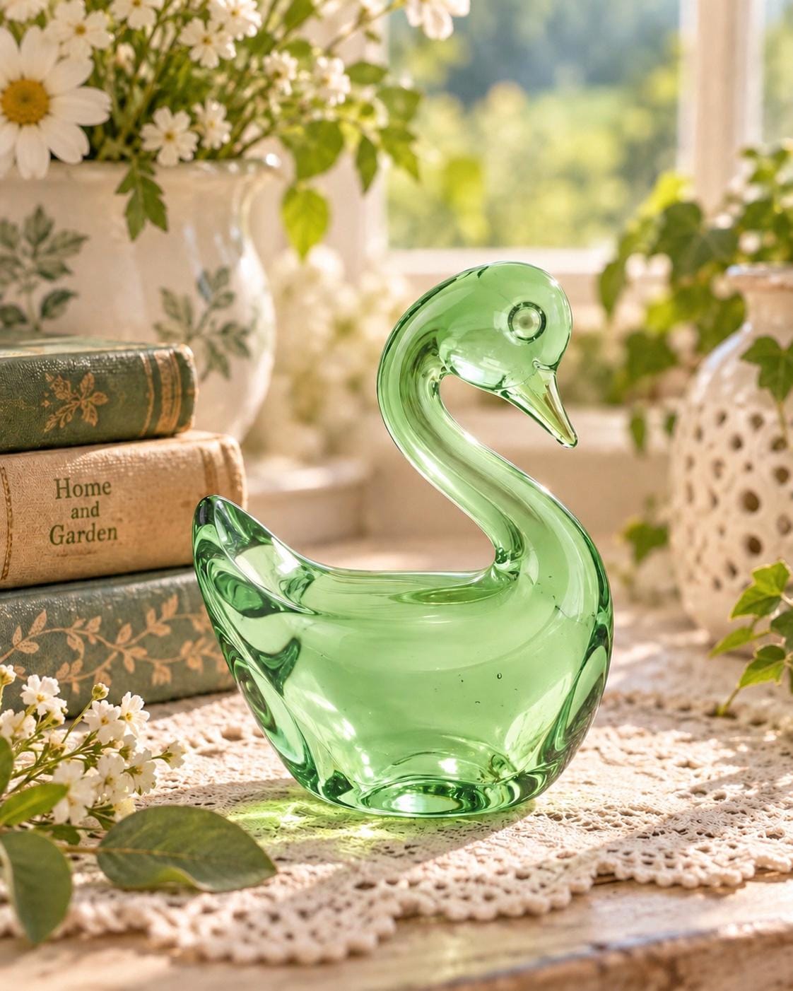 ボヘミアンガラス　グリーン　カットスワン Green Glass Swan - Etsy