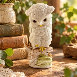 May include: A white ceramic owl figurine with textured plumage, dark eyes, and a small yellow beak. The owl is perched on a brown tree branch base that features a light green, moss-like texture at the bottom and yellow talons gripping the wood.