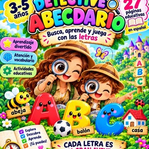 Könnte beinhalten: Ein farbenfrohes Lernbuch-Cover mit dem Titel Detective Abecedario, das zwei Kinder mit Safarihüten und Lupen zeigt, umgeben von bunten Illustrationen einer Biene, eines Fußballs, eines Hauses sowie den großen Buchstaben A, B und C.