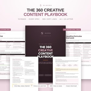 Puede incluir: El 360 Creative Content Playbook de Slavka es una guía de marketing digital de 70 páginas con especificaciones de plataforma y más de 300 líneas de texto. El conjunto incluye una portada oscura y varias páginas blancas con tablas en A4 y US Letter.