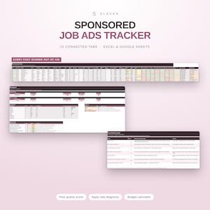 May include: A digital Sponsored Job Ads Tracker spreadsheet template for Excel and Google Sheets. The interface features dark maroon headers, a dashboard with performance metrics, a post quality guide, and a detailed tracking table with 10 tabs.