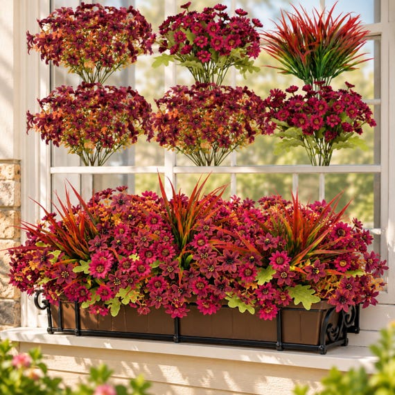 18-teiliges Set künstlicher Herbstblumen, burgunderrote künstliche Gänseblümchen und Veilchen, UV-beständige Outdoor-Blumen mit Gras für Balkonkästen und Terrassendekoration