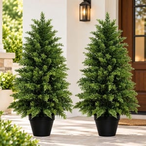 May include: Two artificial evergreen trees with dense, vibrant green foliage shaped into a conical form. Each tree is potted in a simple, matte black tapered container, providing a stable base for the upright, textured branches and needles.