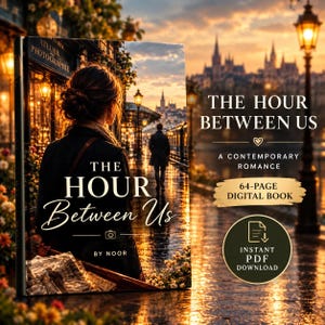 Puede incluir: Un libro digital de 64 páginas titulado The Hour Between Us por Noor. La portada muestra a una persona en una calle empedrada mojada al atardecer, mirando hacia una figura distante. El texto incluye The Hour Between Us, A Contemporary Romance y Instant PDF Download.