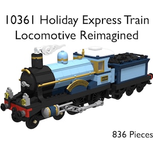 Könnte beinhalten: Ein 10361 Holiday Express Train Locomotive Reimagined Bausatz mit 836 Teilen. Der Zug hat ein Farbschema in Schwarz, Hellblau und Dunkelblau mit goldenen Akzenten, einer weißen Dampfwolke und einem angehängten Kohletender am hinteren Ende.