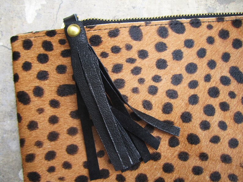Leopard Print Calf Hair Zipper Pouch Leather Clutch Etsy