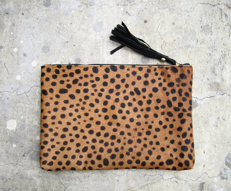 Leopard Print Calf Hair Zipper Pouch Leather Clutch Etsy