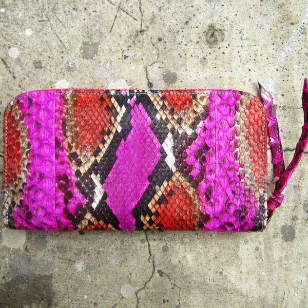OOAK - Hand painted multi color Pink Bi Fold Python Snakeskin Leather Zippered Wallet