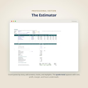 Pode incluir: Uma interface de folha de cálculo digital intitulada Professional Edition The Estimator, exibindo uma janela com um formulário de orçamento para serviços de limpeza de vidros, incluindo colunas para serviço, quantidade, unidade, preço, mão de obra e custos de equipamento.