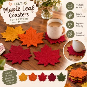 Felt Maple leaf Coaster Patterns|DIY Mugs And Plates Placement Mats|Thansgiving Stiching Templates|Fall Home Decor|Instant Download(PDF A4)
