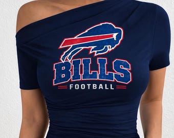 Buffalo Bills Off-Shoulder Top | Vintage Distressed Football Shirt (Navy, Red, White)