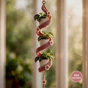 Crochet Plant Hanger Pattern, Twisted Ribbon Spiral Hanging Planter PDF, Boho 3 Pot Indoor Plant Holder, Intermediate Crochet Pattern