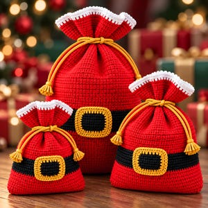 May include: Three red crochet drawstring bags of varying sizes, each featuring a black horizontal band with a yellow rectangular buckle design at the center, a white crocheted top edge, and yellow braided drawstrings with tassel ends.