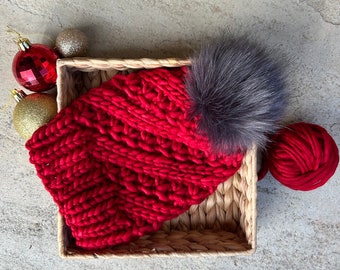 Luxury Vibrant Scarlet Red handknit 100% merino wool beanie hat | Removable Pompom | Wool Beanie | Women’s Knit Hat