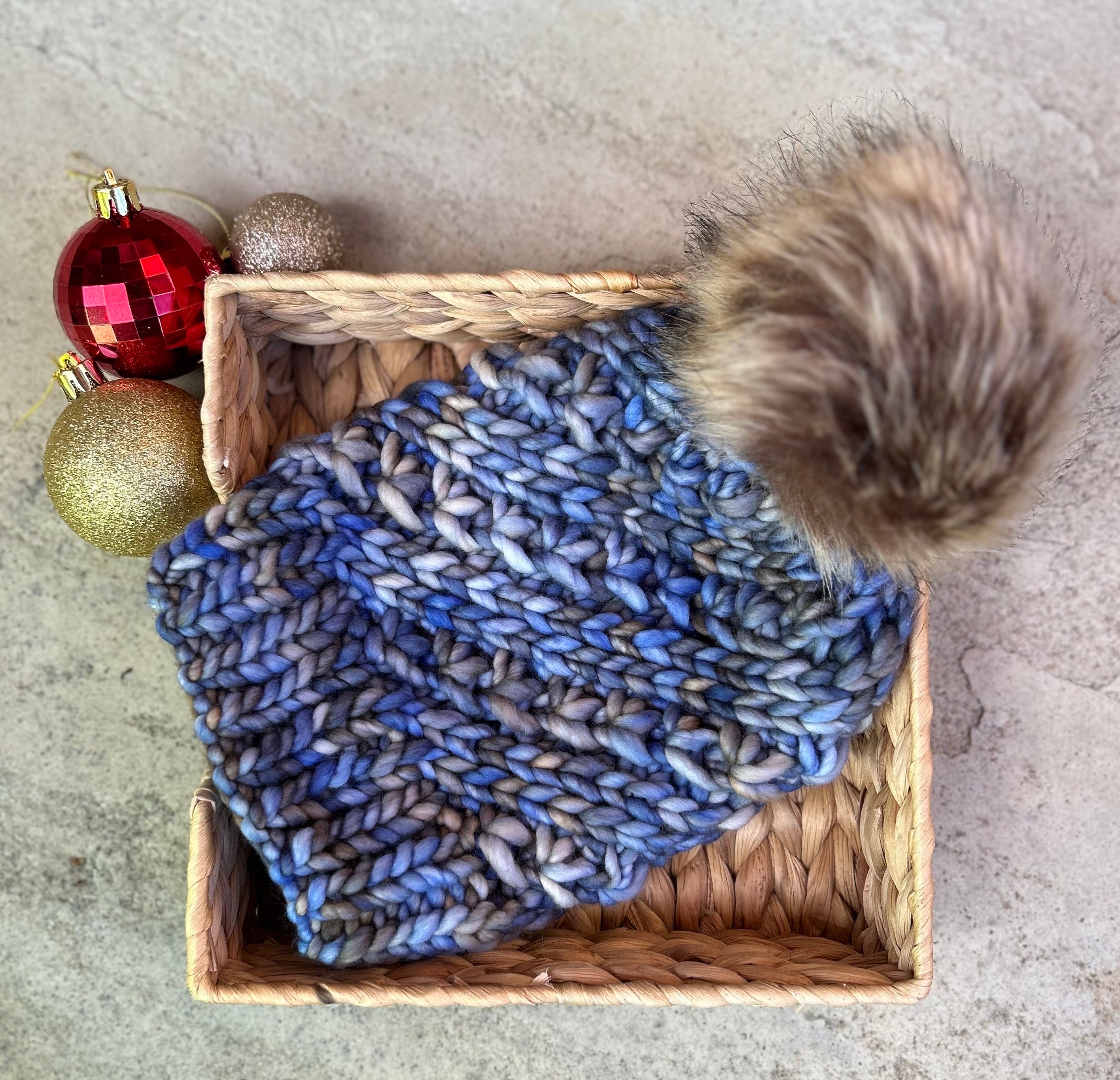 Luxury Blue Beige Sand handknit 100% merino wool beanie hat | Removable Pompom | Wool Beanie | Women’s Knit Hat