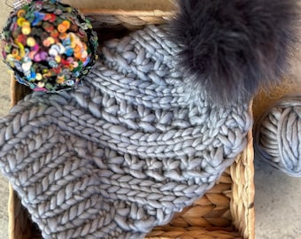 Luxury Silver Bright Grey handknit 100% merino wool beanie hat | Removable Pompom | Wool Beanie | Women’s Knit Hat | Gray