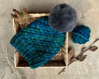 Luxury Aqua handknit 100% merino wool beanie hat | Removable Pompom | Wool Beanie | Women’s Knit Hat
