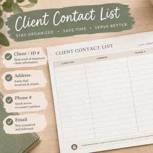 Puede incluir: Una plantilla de papel blanco para lista de contactos de clientes con una fila de encabezado beige que incluye columnas para ID de cliente, dirección, número de teléfono y correo electrónico, además de un aviso de confidencialidad.