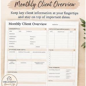Op de afbeelding: Een printbaar Monthly Client Overview formulier met secties voor demografische gegevens, bezoeken, afspraken, rechtszaken, takenlijsten, diagnoses, medicatie, teamleden en notities, uitgevoerd in beige tinten met zwarte tekst.