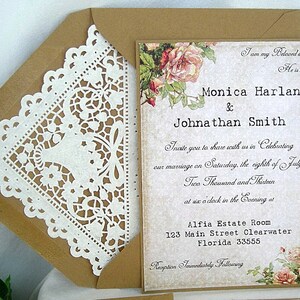 Rustic Wedding Invitation Kraft Lace Wedding Invitation Printed Wedding Invitation Shabby Chic Wedding Invite Vintage Lace Wedding Invite image 4