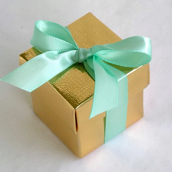 Wedding Favor Box Boxes Gold Metallic Mint Green Wedding Reception Baby Shower 2 x 2 x 2 w Lids and Ribbon Any Color Custom