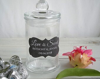 Wedding Favor Jars Candy Favor Jar Personalized Custom Favor Jar Candy Coffee Favors w Custom Labels Personalized Labels Love Is Sweet Jar