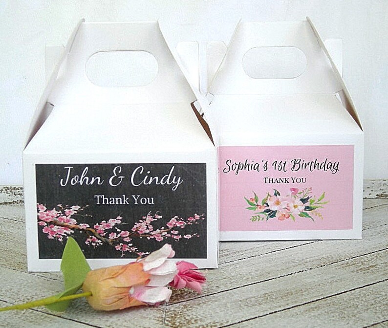 Wedding Favor Boxes Custom Gable Boxes Birthday Baby Shower Favors Small Gable Box White Kraft Rustic Favor Box w Personalized Label image 2