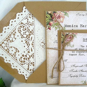 Rustic Wedding Invitation Kraft Lace Wedding Invitation Printed Wedding Invitation Shabby Chic Wedding Invite Vintage Lace Wedding Invite image 3