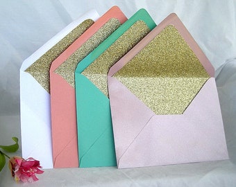 Oro Glitter Busta Glitter rivestito busta matrimonio personalizzato buste Turquoise metallico rosa corallo bianco a7 custom Wedding Invitations Oro