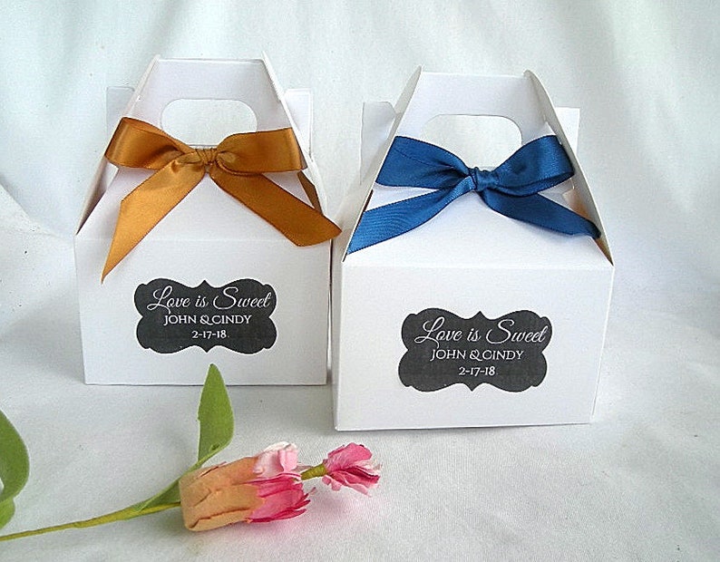 Wedding Favor Boxes Custom Gable Boxes Birthday Baby Shower Favors Small Gable Box White Kraft Rustic Favor Box w Personalized Label image 9