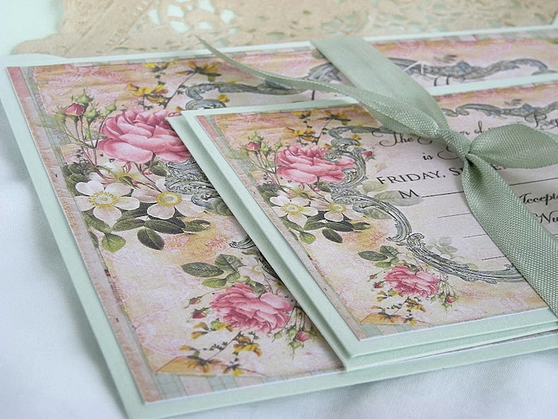 Wedding Invitation Mint Green Frame Vintage Blush Rose Wedding Invitation Linen Ivory Doily Paper Lace Envelope Shabby Chic Custom Any Color