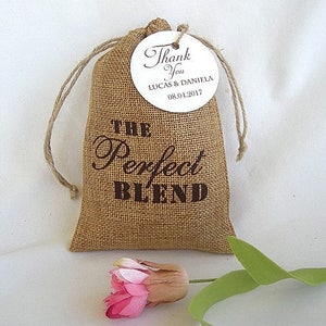 Benutzerdefinierte Burlap Favor Taschen | Kaffeebevorzugung Taschen Die perfekte Mischung | Danke Gefälligkeiten | Teebeuteln | Benutzerdefinierte personalisierte Tags Favor Taschen