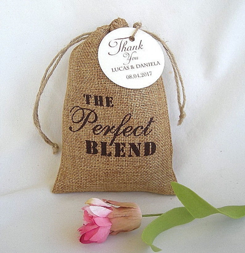 Thank You Favor Bags Custom Favor Burlap Bags Coffee Favors The Perfect Blend Personalized Favor Bags w Custom Tags Rustic Favor Bags