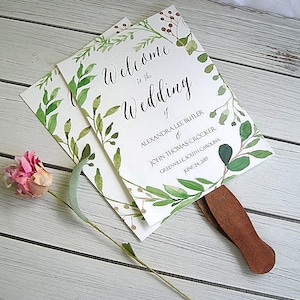 Custom Wedding Fans Ivory Rustic Printed Wedding Program Fans Personalized Wedding Fans green leafy Printed & Assembled Wedding Program Fans