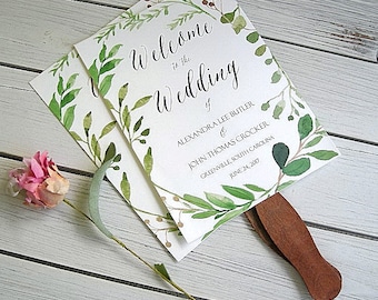 Custom Wedding Fans Ivory Rustic Printed Wedding Program Fans Personalized Wedding Fans green leafy Printed & Assembled Wedding Program Fans
