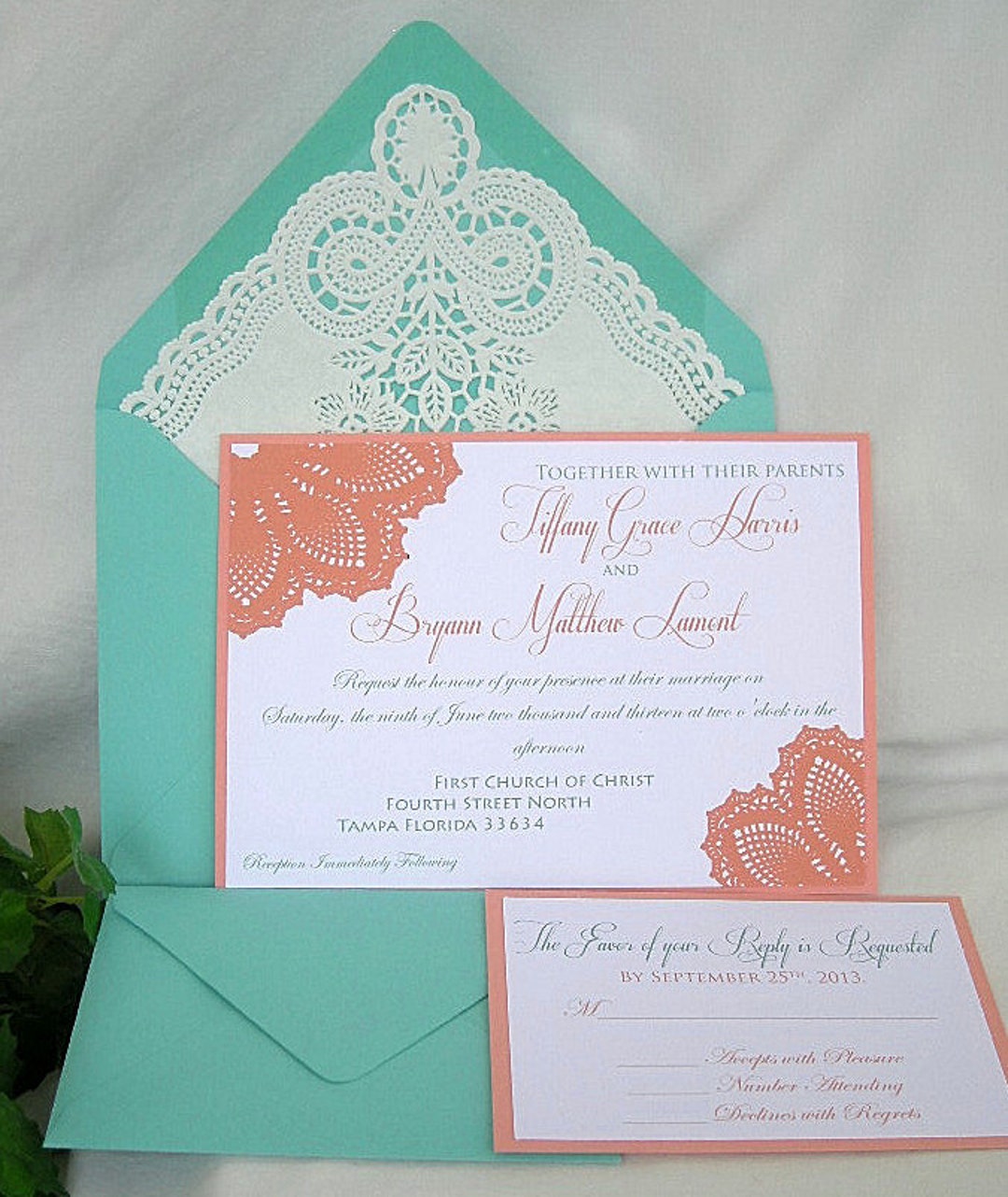 Coral Wedding Invitations Turquoise Teal Blue Wedding Invitations Lace  Wedding Invitation Custom Wedding Invitations W Lace Envelope - Etsy, image size:1080x1282
