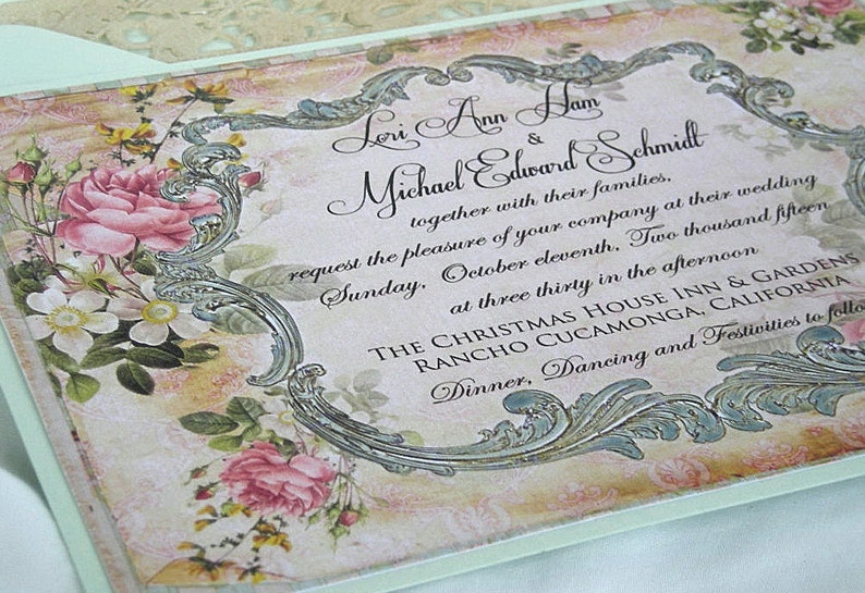 Wedding Invitation Mint Green Frame Vintage Blush Rose Wedding Invitation Linen Ivory Doily Paper Lace Envelope Shabby Chic Custom Any Color