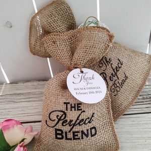 Personalized Favor Bags The Perfect Blend Custom Printed Burlap Favor Bags w Custom Tags Wedding Bridal Shower Favor Bags Burlap Favor Bags