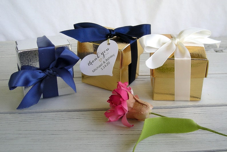 Gold Favor Boxes Gold Wedding Favor Boxes Cheap Wedding Favors Custom Wedding Favor Box w Personalized Tag Silver Gold Wedding Shower Favors image 5