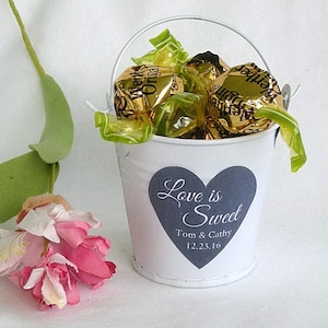 Mini Bucket Favor Love is Sweet Custom Wedding Favors Personalized Mini Tin Pail Rustic Mini Plant Holder Mini Bucket Candy Gold White Tin