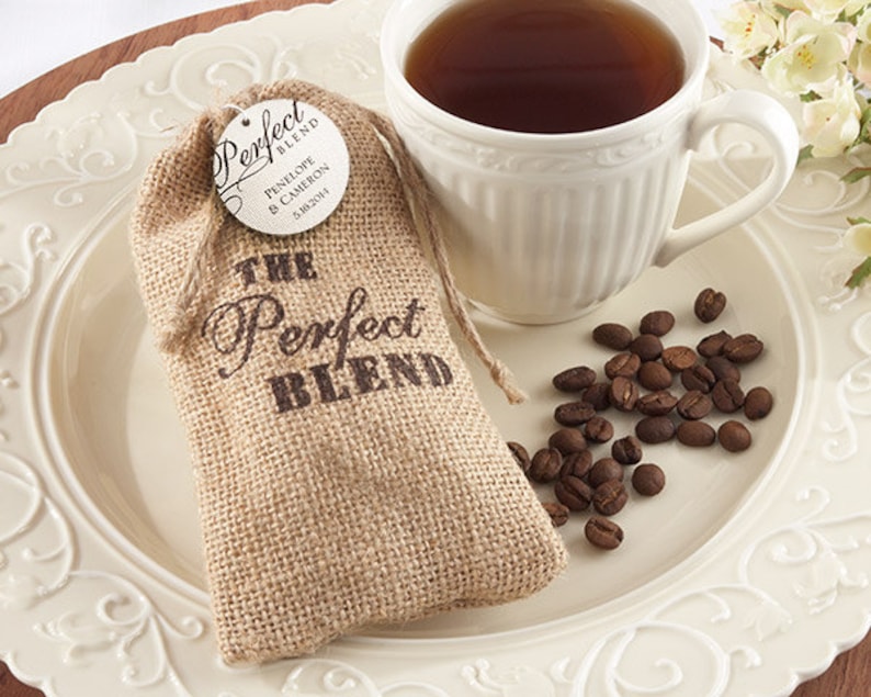 Thank You Favor Bags Custom Favor Burlap Bags Coffee Favors The Perfect Blend Personalized Favor Bags w Custom Tags Rustic Favor Bags
