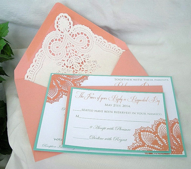 Wedding Invitation Card Coral Peach And Turquoise Teal Blue Etsy