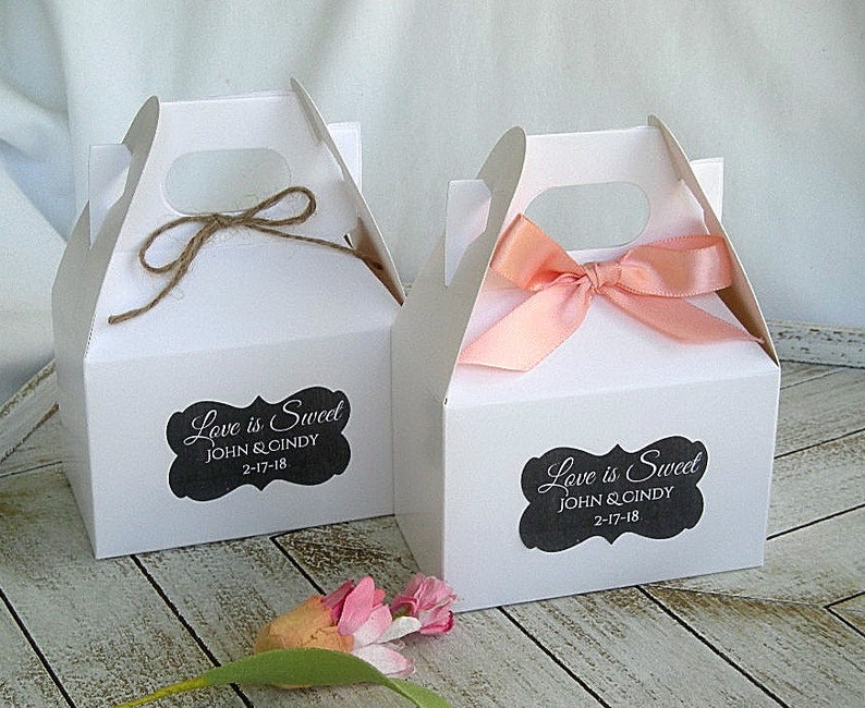 Wedding Favor Boxes Custom Gable Boxes Birthday Baby Shower Favors Small Gable Box White Kraft Rustic Favor Box w Personalized Label image 7