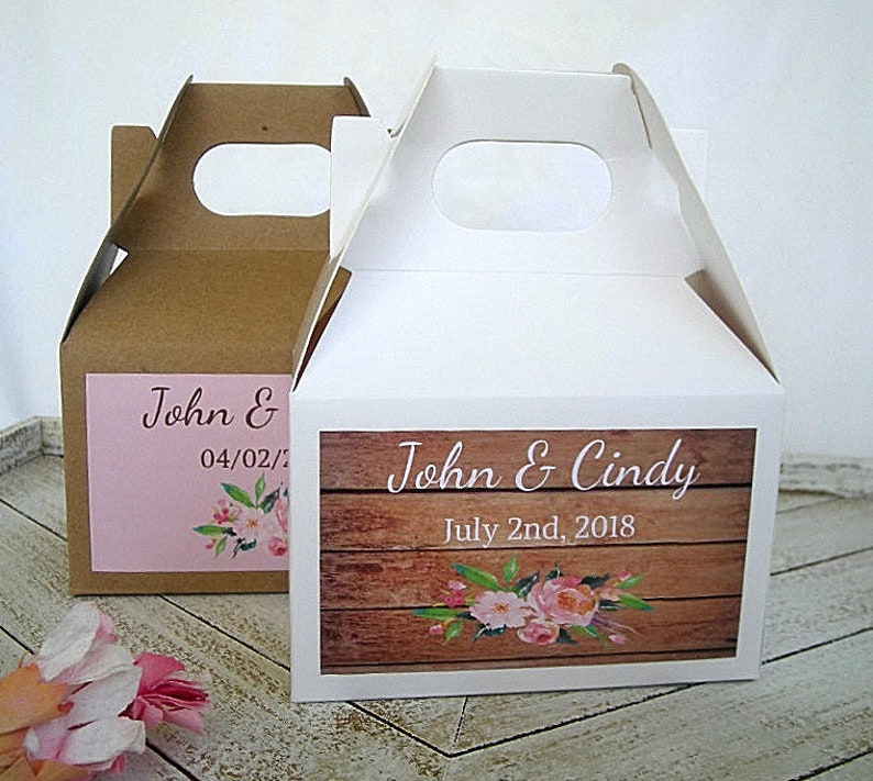 Wedding Favor Boxes Custom Gable Boxes Birthday Baby Shower Favors Small Gable Box White Kraft Rustic Favor Box w Personalized Label image 1