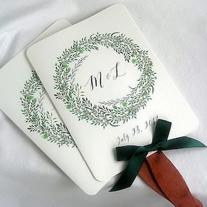 Custom Wedding fans wedding programs Leaves Rustic Wreath personalized wedding program fans fully assembled wedding fans leafy wreath fans