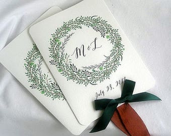 Custom Wedding Fans Rustic Wedding Program Fans Greenery Leaves Rustic Botanical Wreath Paper Fan Custom Programs Printed & Fully Assembled